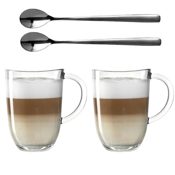 6 Bicchieri per cappuccino, con manico, e 6 cucchiaini in acciaio inox ( gratis), per tè, caffè, Cappuccino, Latte Macchiato